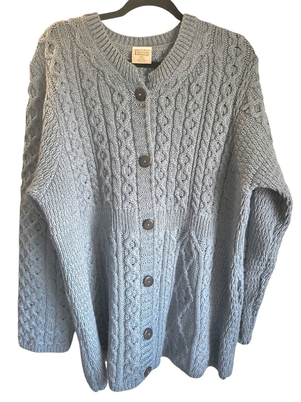 Kilronan Ireland Merino Wool Cable Knit Cardigan Sweater XXL Sky Blue Fisherman
